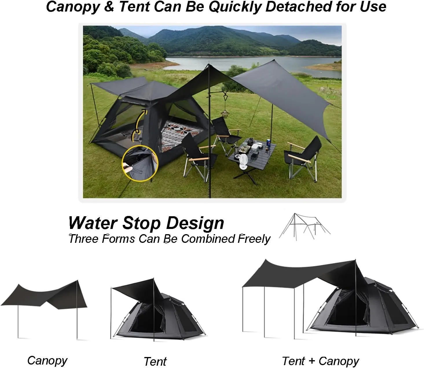 Camping Tent with Canopy Tarp Large Multifunctional Automatic Outdoor Camping Tent Portable Instant Pop-up Family Tent Windproof Sunproof with Moisture-Proof Mat