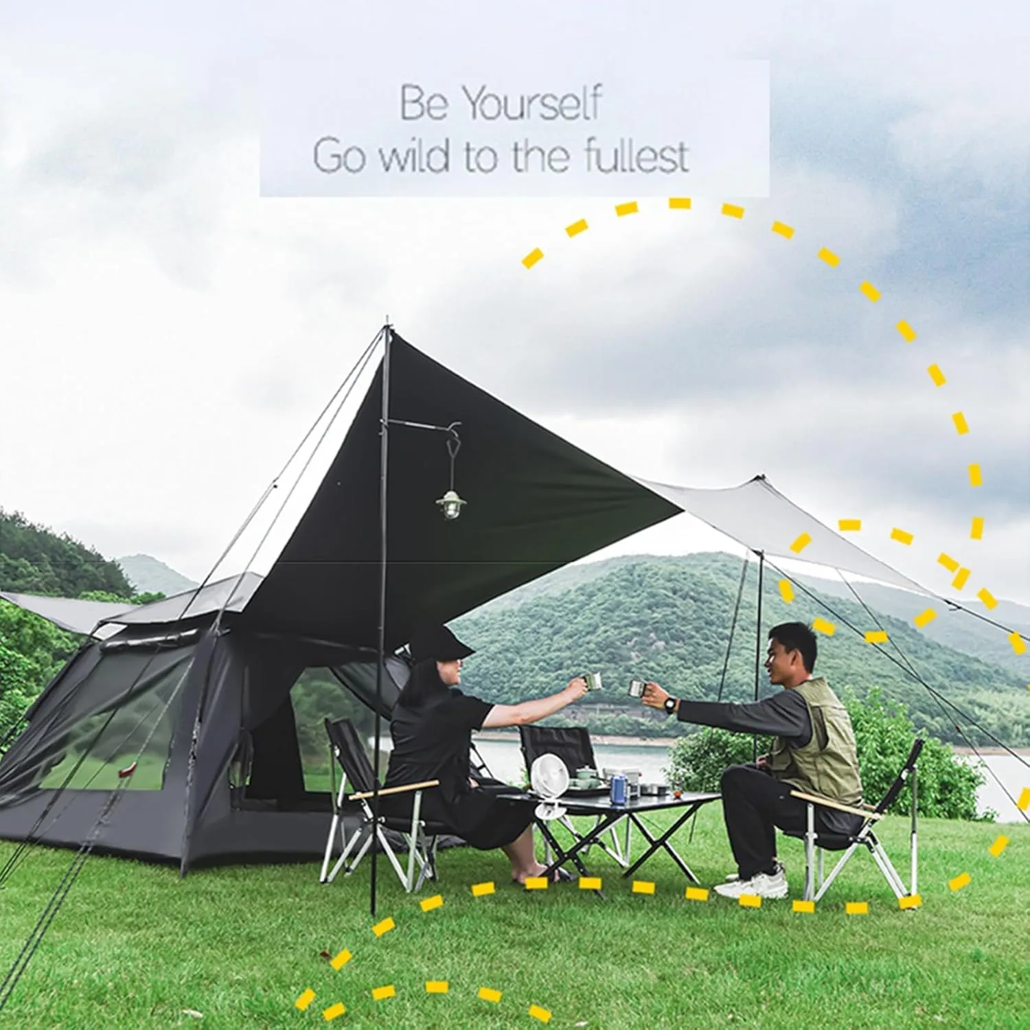 Camping Tent with Canopy Tarp Large Multifunctional Automatic Outdoor Camping Tent Portable Instant Pop-up Family Tent Windproof Sunproof with Moisture-Proof Mat