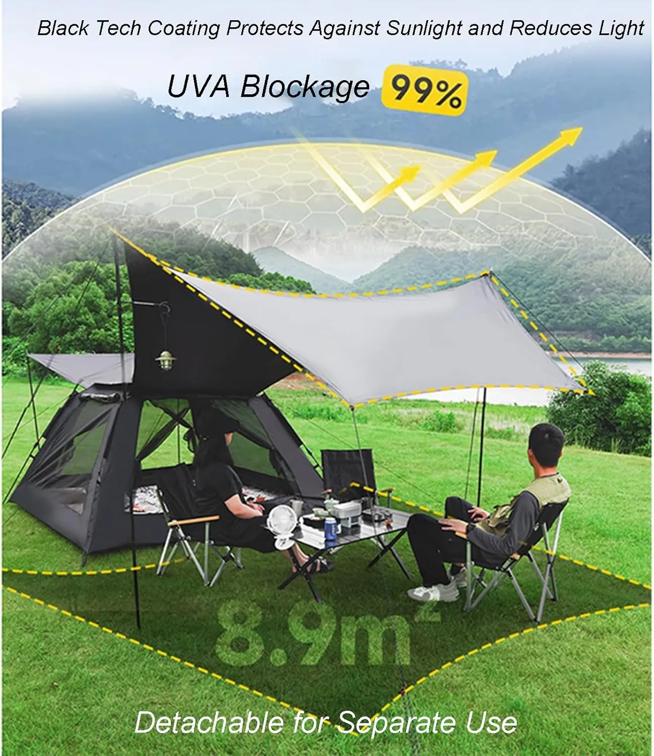 Camping Tent with Canopy Tarp Large Multifunctional Automatic Outdoor Camping Tent Portable Instant Pop-up Family Tent Windproof Sunproof with Moisture-Proof Mat
