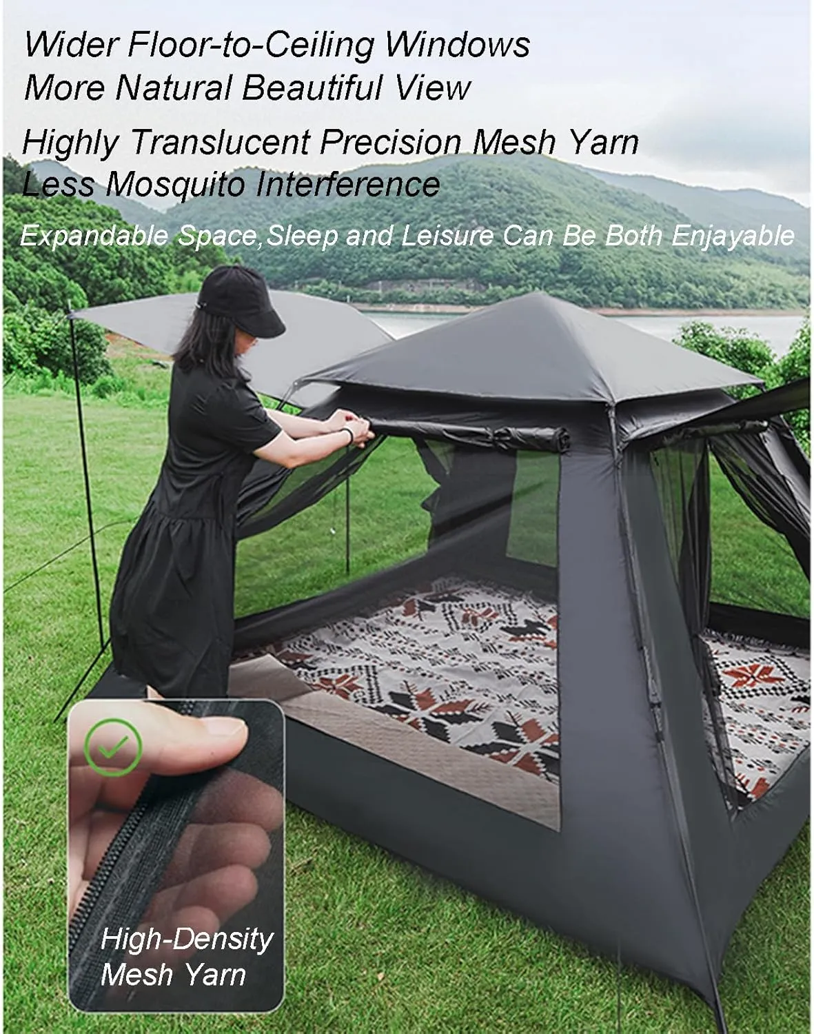 Camping Tent with Canopy Tarp Large Multifunctional Automatic Outdoor Camping Tent Portable Instant Pop-up Family Tent Windproof Sunproof with Moisture-Proof Mat