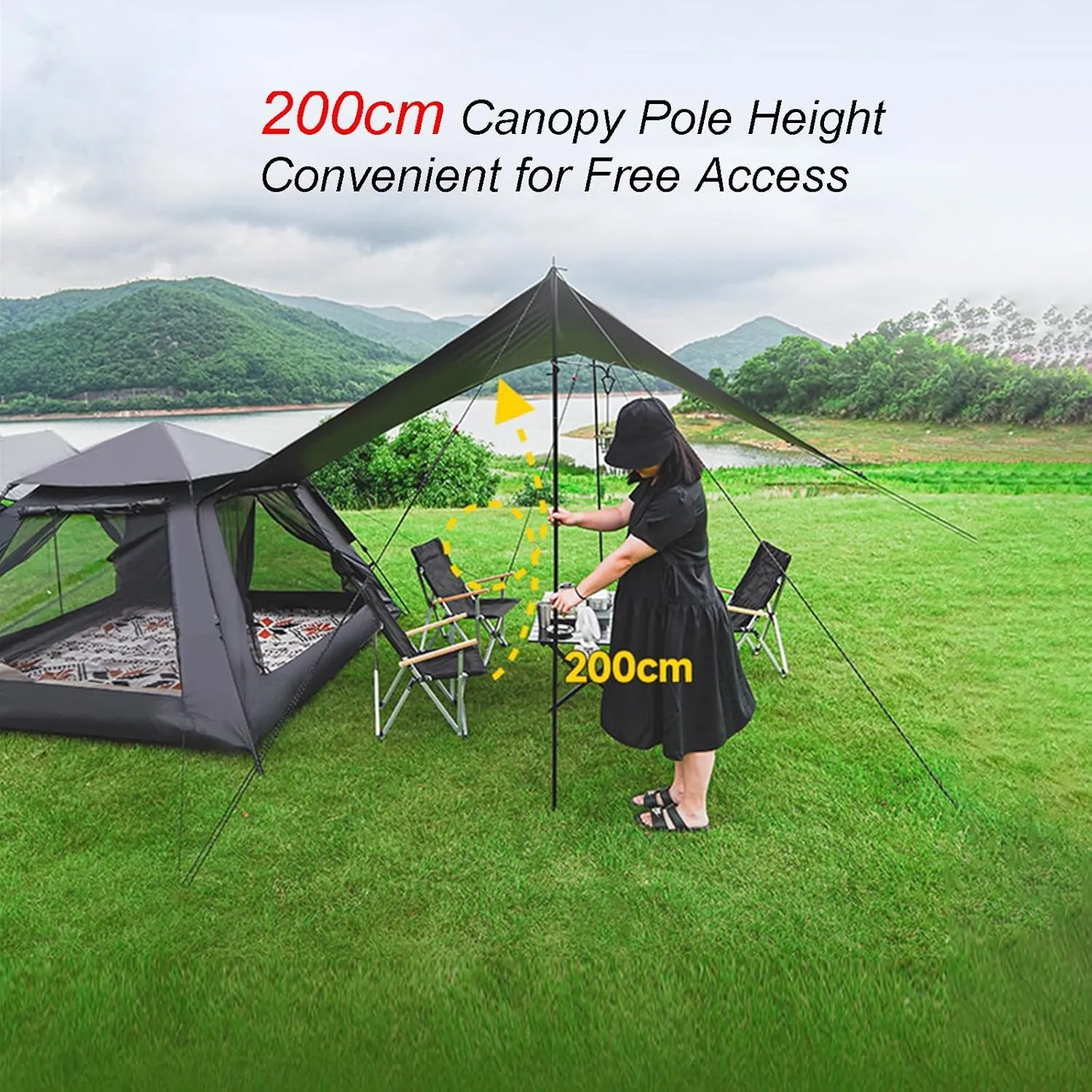Camping Tent with Canopy Tarp Large Multifunctional Automatic Outdoor Camping Tent Portable Instant Pop-up Family Tent Windproof Sunproof with Moisture-Proof Mat