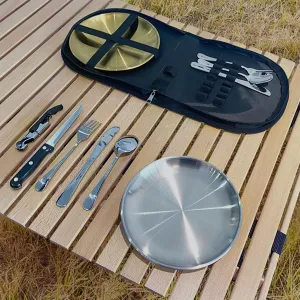 Camping Utensil Set Picnic Set, 10 Piece Set - Stainless Steel Plate Spoon Butter And Serrated Knife Wine Opener Fork Hiking - Camp Kitchen Grill's,for Outdoor Cooking Camping Hiking Picnics (Black)