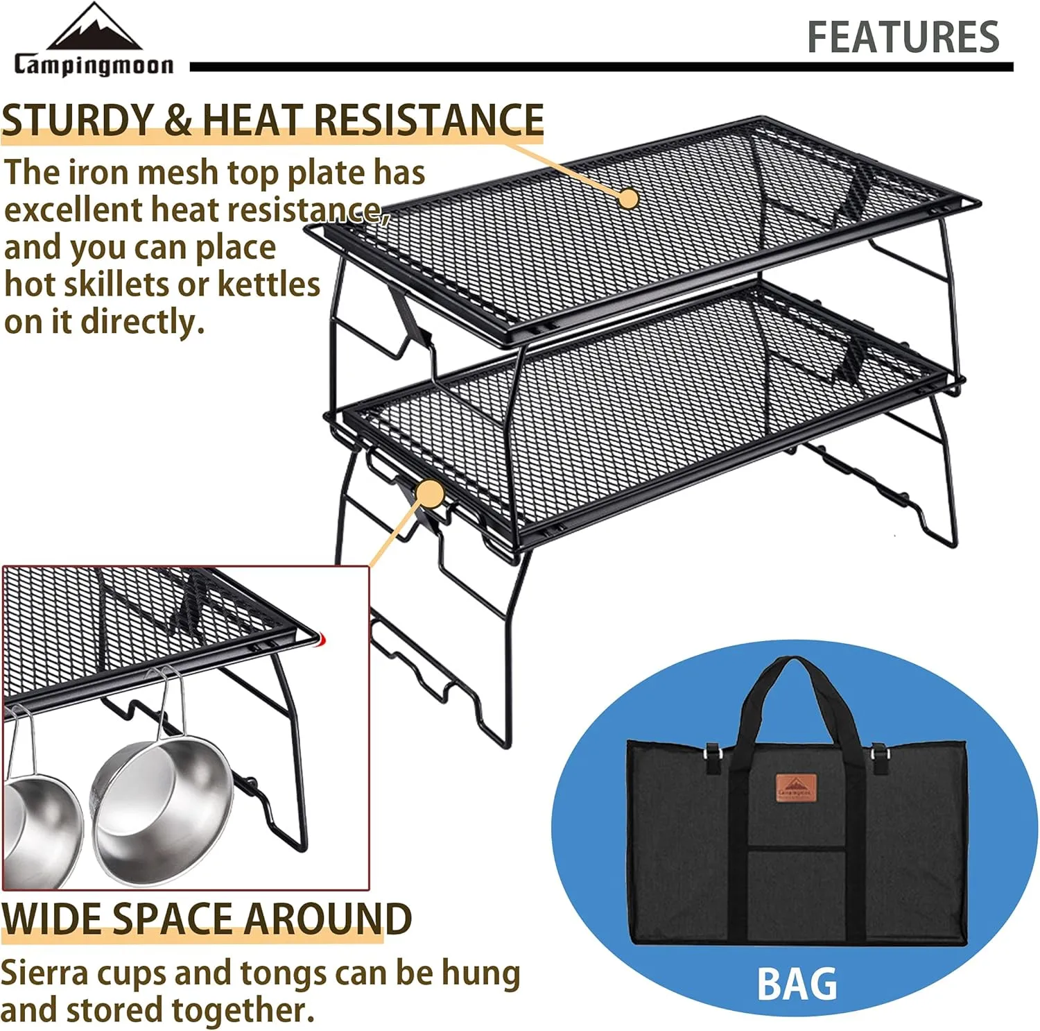 CAMPINGMOON 2pcs Campfire Grill Storage Rack Camping Grill Steel Foldable Stackable T-238