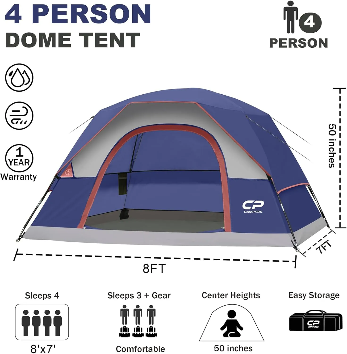 CAMPROS CP Tents for Camping 4/6 Person Tent Waterproof Windproof Double Layer Family Camping Tent, Easy Setup Dome Tent with Large Mesh Windows & Wider Door for Outdoor Camping & Hiking