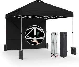 Canopy 10x10 Pop Up, Easy Up Outdoor Tent with Sidewall, PF 50 , Waterproof, Adjustable Sun Shelter with Vented Roof for Party, 1 Wheel Bag, 8 Stakes, 4 Ropes, 4 Sandbags,Black