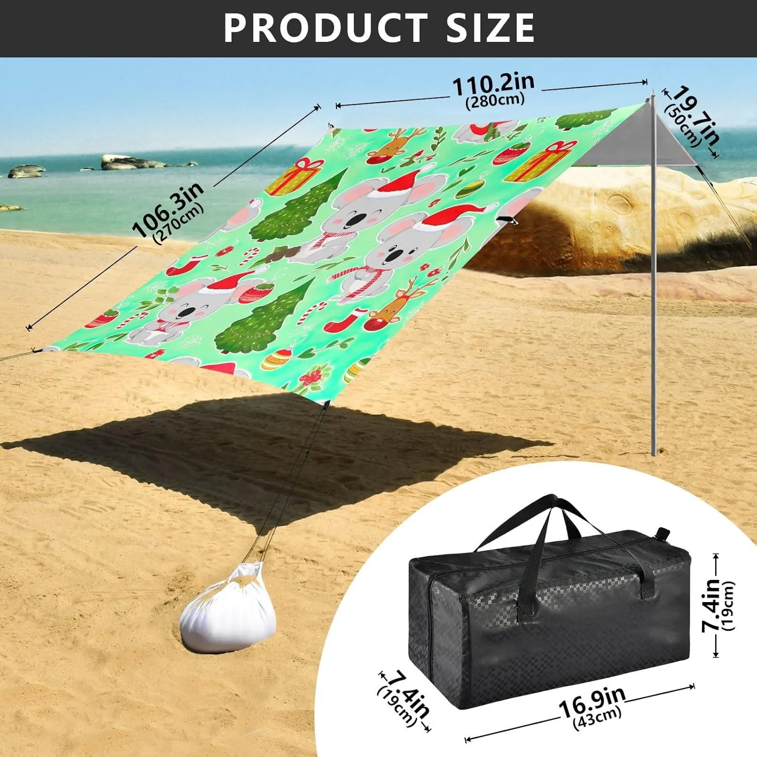 Canopy Beach Tent Cute Koalas Christmas Green Gift Patio Sun Shade Outdoor 9.2 × 10.5 FT Shades Camping Sun Shelter Custom Waterproof with Poles Sand Anchor