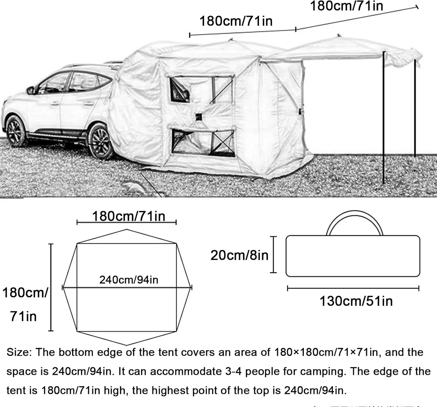 Car Tent 450D Oxford Cloth PU200Omm RUV50 , Vehicle Awning Sunscreen and Rainproof, Detachable Design and Double-Layer Large Windows, Easy to Set up(Yellow)