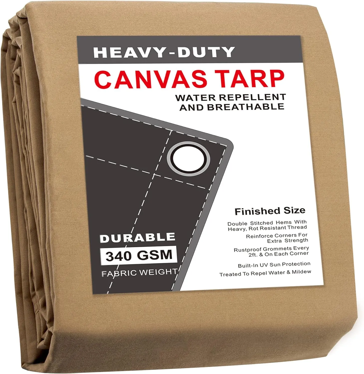 CARTMAN Finished Size 16x20 Feet Tan Canvas Tarp with Rustproof Grommets, Heavy Duty Multipurpose Tarpaulin Cover for Canopy Tent, Roof, Camping, Woodpile