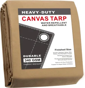 CARTMAN Finished Size 16x20 Feet Tan Canvas Tarp with Rustproof Grommets, Heavy Duty Multipurpose Tarpaulin Cover for Canopy Tent, Roof, Camping, Woodpile