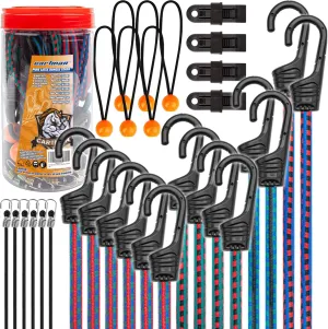 CARTMAN Pure Latex Bungee Cords Heavy Duty 30pcs Assortment Jar Bungee Cords with Hooks Include Tarp Clips, Canopy Ties & Ball Bungees