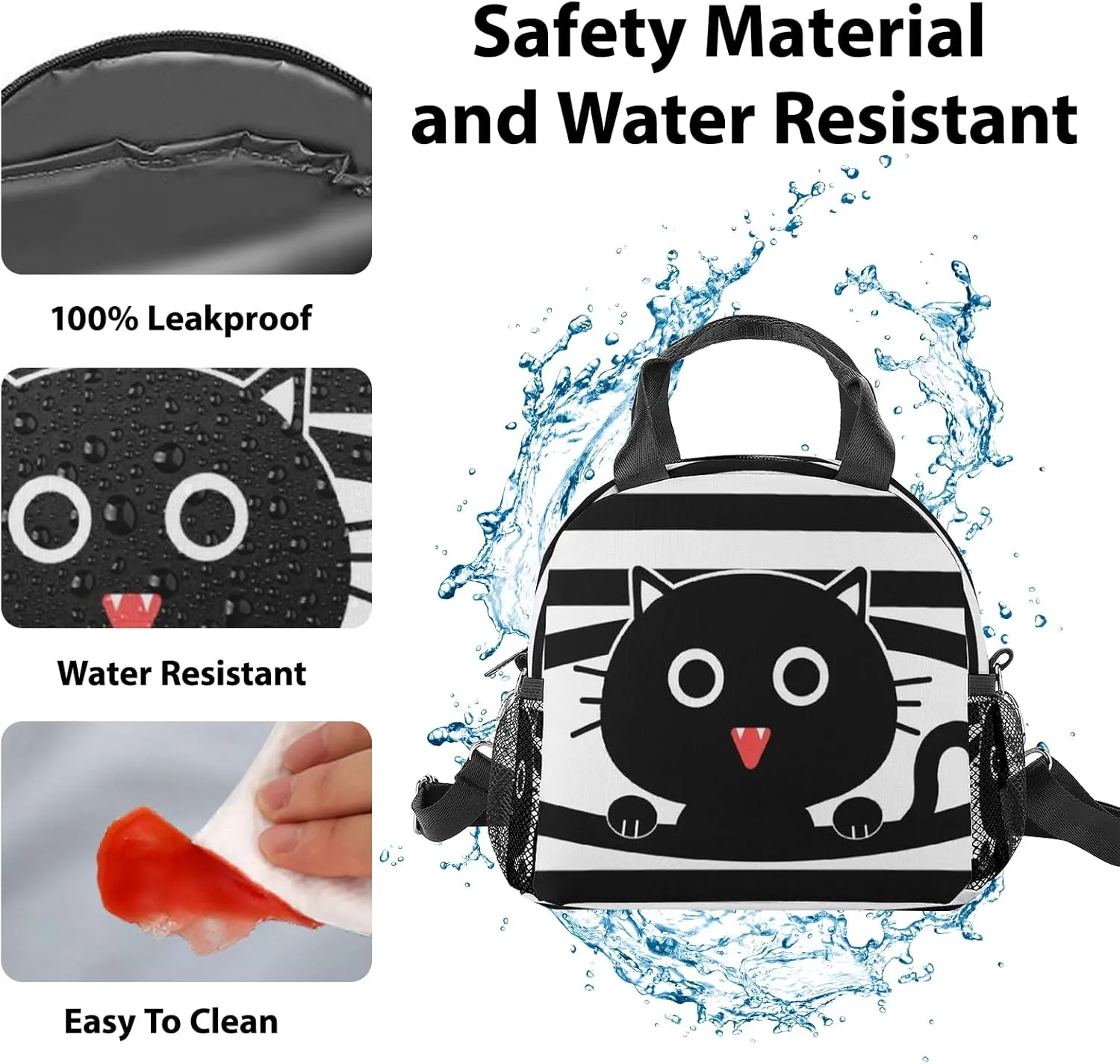 Cat Lunch Bag, Reusable Lunch Box Insulated Meal Tote for Kids Women Men Cooler Bag with Shoulder Strap, Durability of Lunch Tote for Work School Picnic, Black Cat…