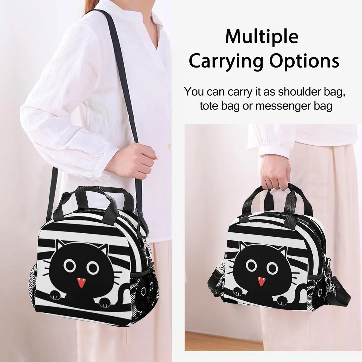 Cat Lunch Bag, Reusable Lunch Box Insulated Meal Tote for Kids Women Men Cooler Bag with Shoulder Strap, Durability of Lunch Tote for Work School Picnic, Black Cat…