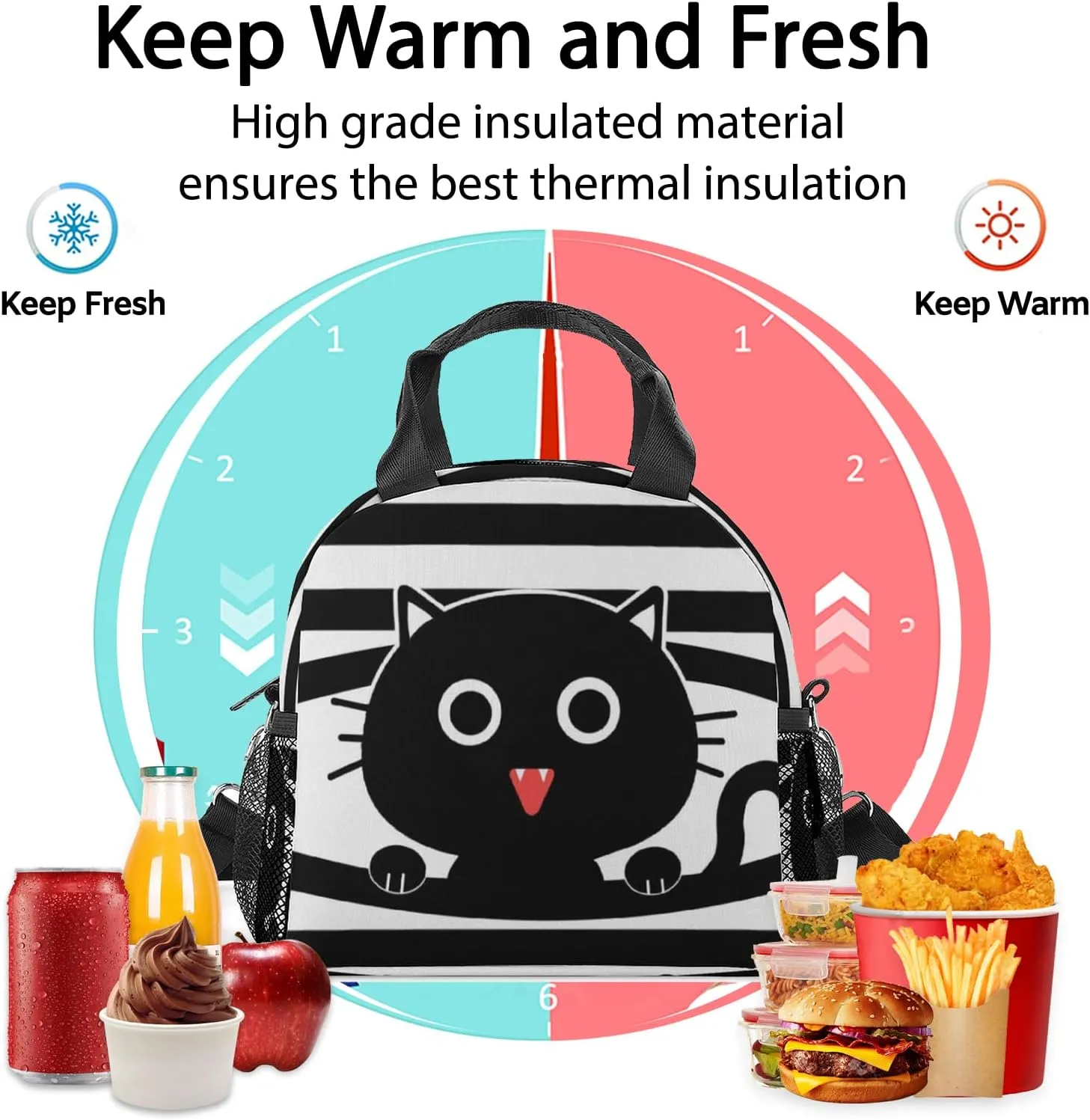 Cat Lunch Bag, Reusable Lunch Box Insulated Meal Tote for Kids Women Men Cooler Bag with Shoulder Strap, Durability of Lunch Tote for Work School Picnic, Black Cat…