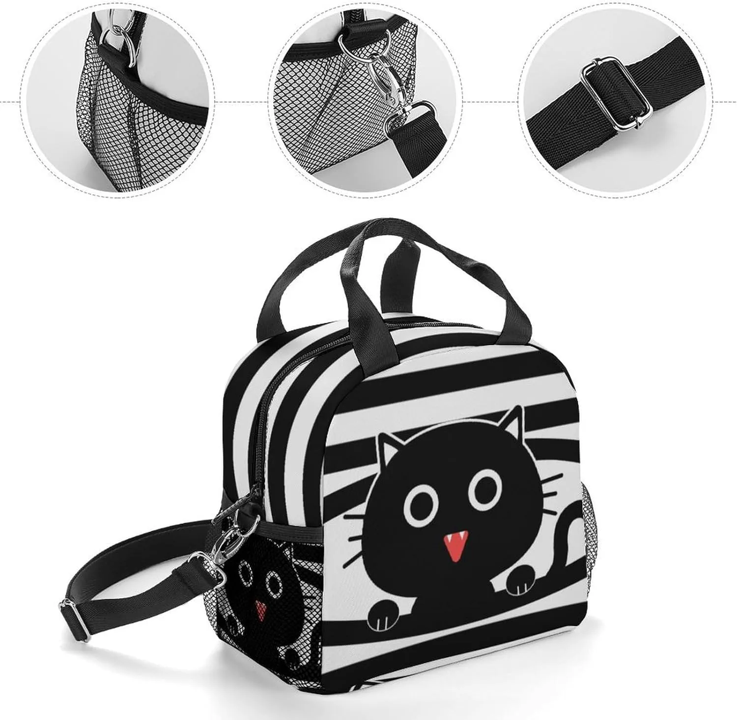 Cat Lunch Bag, Reusable Lunch Box Insulated Meal Tote for Kids Women Men Cooler Bag with Shoulder Strap, Durability of Lunch Tote for Work School Picnic, Black Cat…