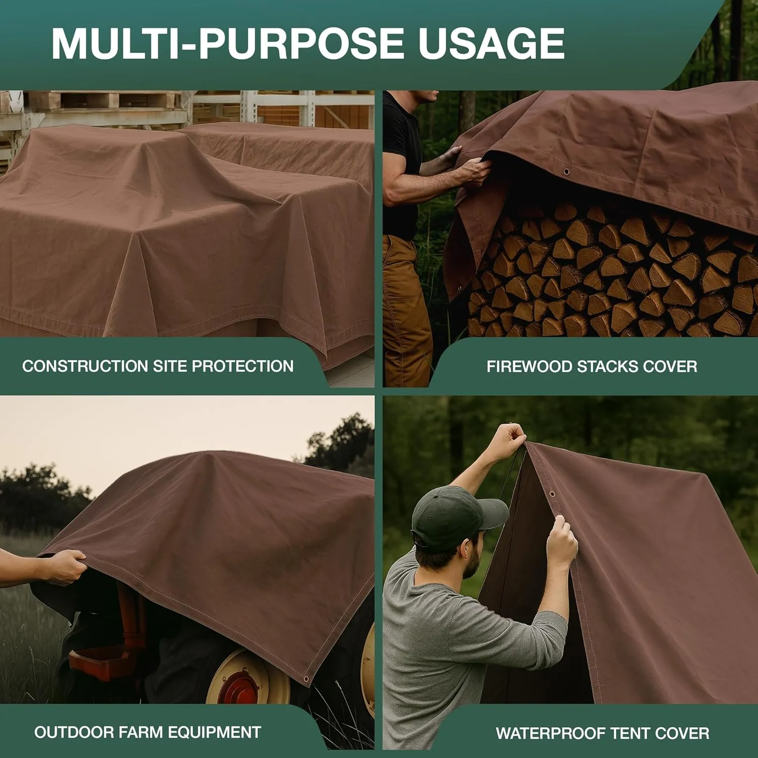 CCS Waterproof Canvas Tarp Cover – Heavy Duty Duck Cloth, Waxed Canvas Tarpaulin with Rustproof Brass Grommets for Camping, Construction, Equipment & Outdoor Use (Brown, 6x8 Ft)