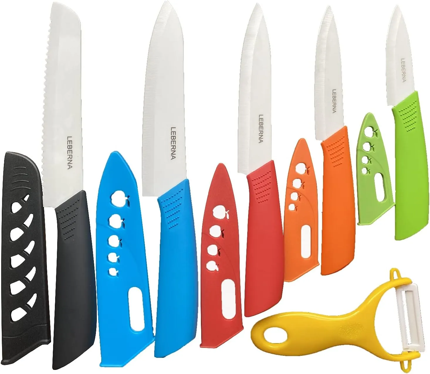 Ceramic Knife Set Ceramic Knives Set for Kitchen Ceramic Kitchen Knives Colored w Sheath 6" Bread Knife 6" Chef Knife 5" Utility Knife 4" Fruit Knife 3" Paring Knife 1 Peeler Colorful Rust Free Proof