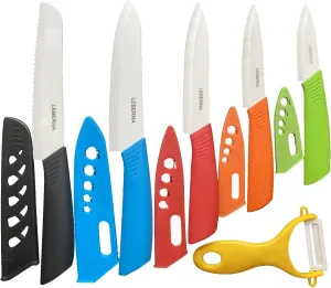 Ceramic Knife Set Ceramic Knives Set for Kitchen Ceramic Kitchen Knives Colored w Sheath 6" Bread Knife 6" Chef Knife 5" Utility Knife 4" Fruit Knife 3" Paring Knife 1 Peeler Colorful Rust Free Proof