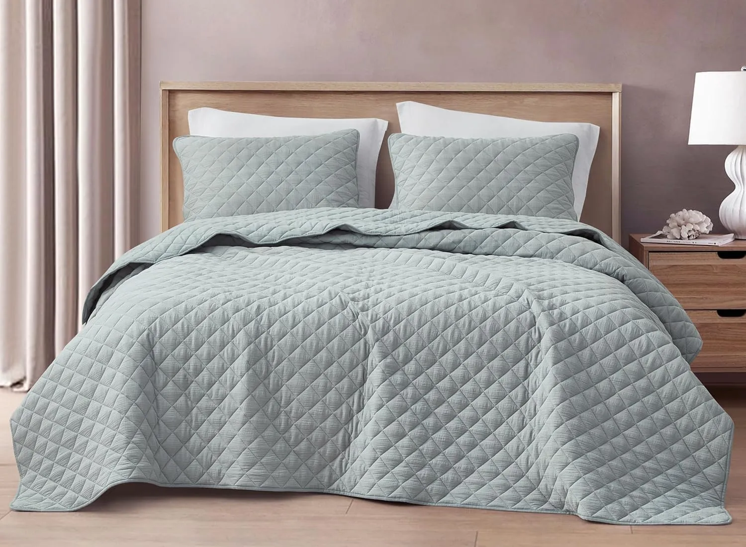 Chezmoi Collection 3-Piece Cotton Gauze King Quilt Set, Light Blue-Gray Soft Washed Cotton Gauze Bedspread, Lightweight Breathable Reversible 180GSM Fill for All Season