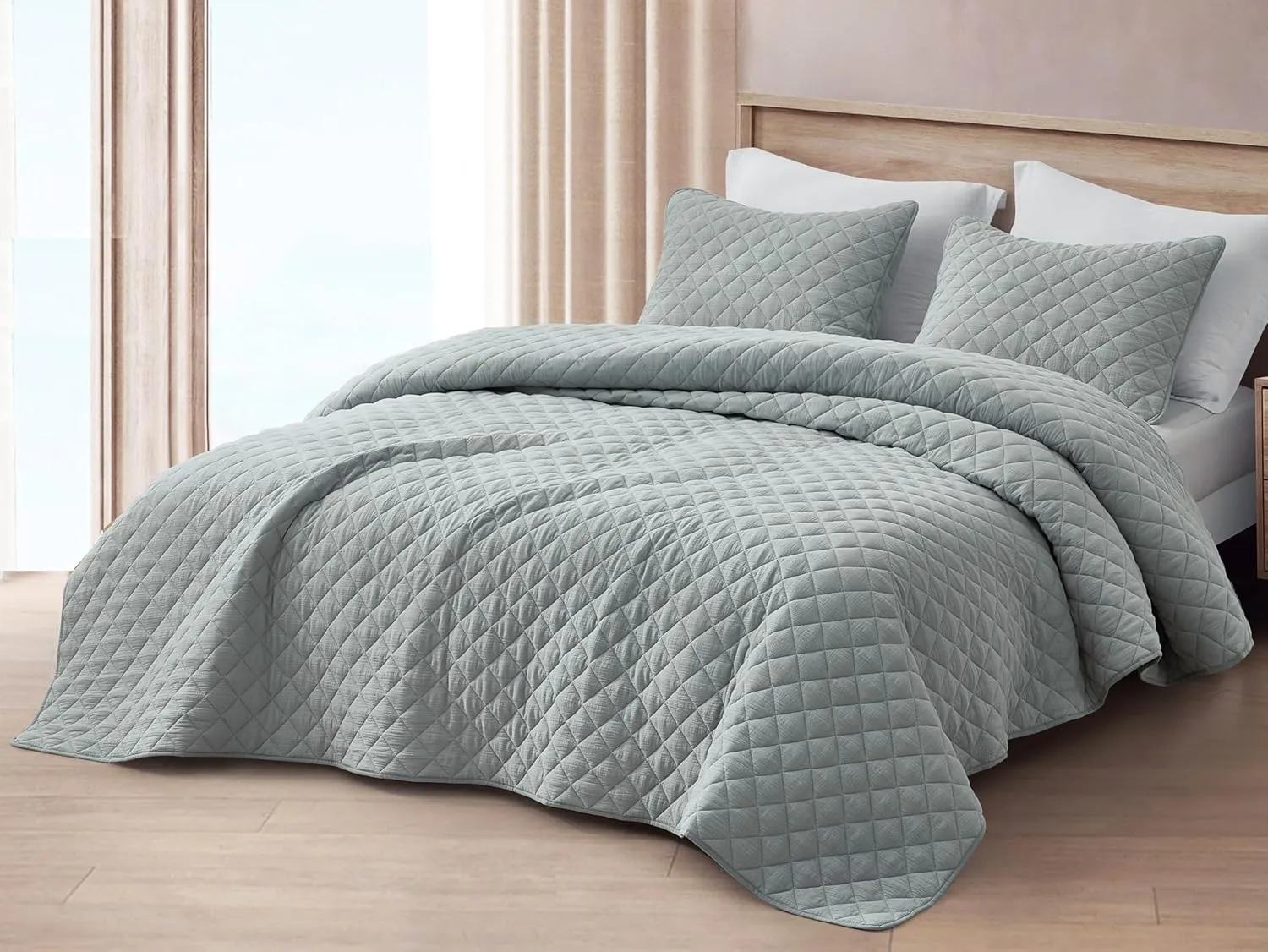 Chezmoi Collection 3-Piece Cotton Gauze King Quilt Set, Light Blue-Gray Soft Washed Cotton Gauze Bedspread, Lightweight Breathable Reversible 180GSM Fill for All Season