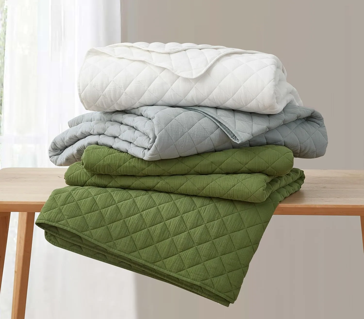 Chezmoi Collection 3-Piece Cotton Gauze King Quilt Set, Light Blue-Gray Soft Washed Cotton Gauze Bedspread, Lightweight Breathable Reversible 180GSM Fill for All Season