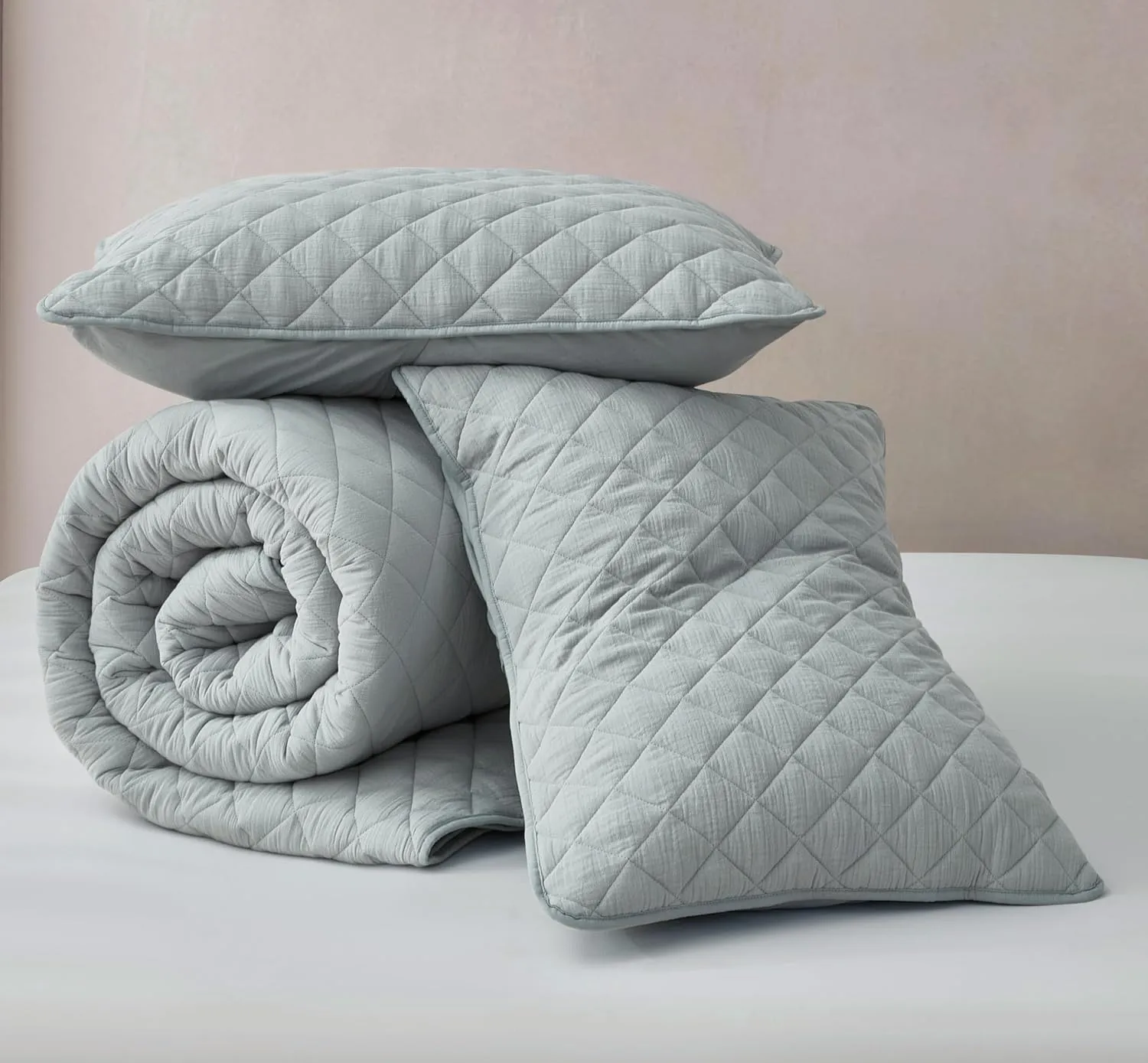Chezmoi Collection 3-Piece Cotton Gauze King Quilt Set, Light Blue-Gray Soft Washed Cotton Gauze Bedspread, Lightweight Breathable Reversible 180GSM Fill for All Season