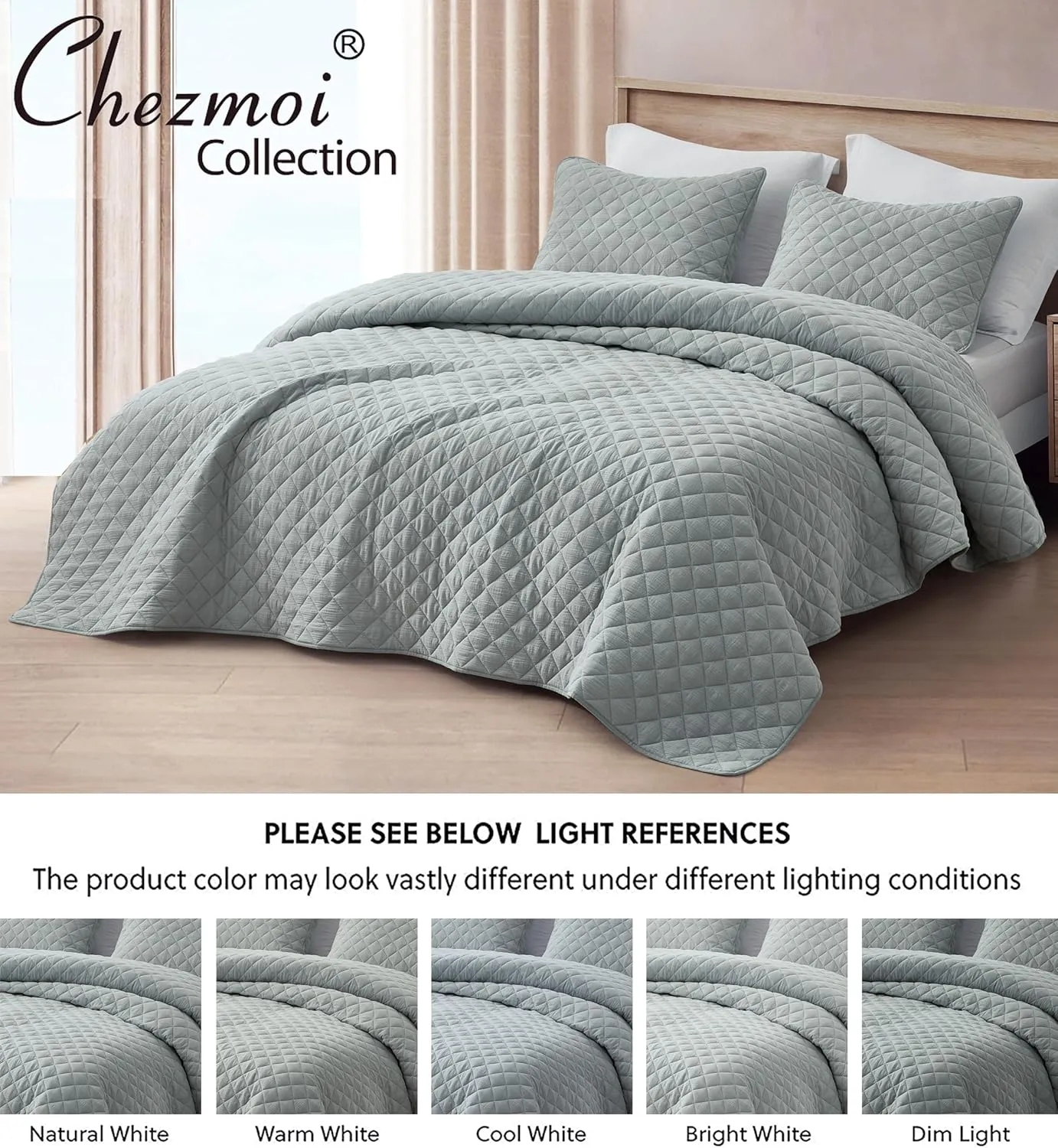 Chezmoi Collection 3-Piece Cotton Gauze King Quilt Set, Light Blue-Gray Soft Washed Cotton Gauze Bedspread, Lightweight Breathable Reversible 180GSM Fill for All Season