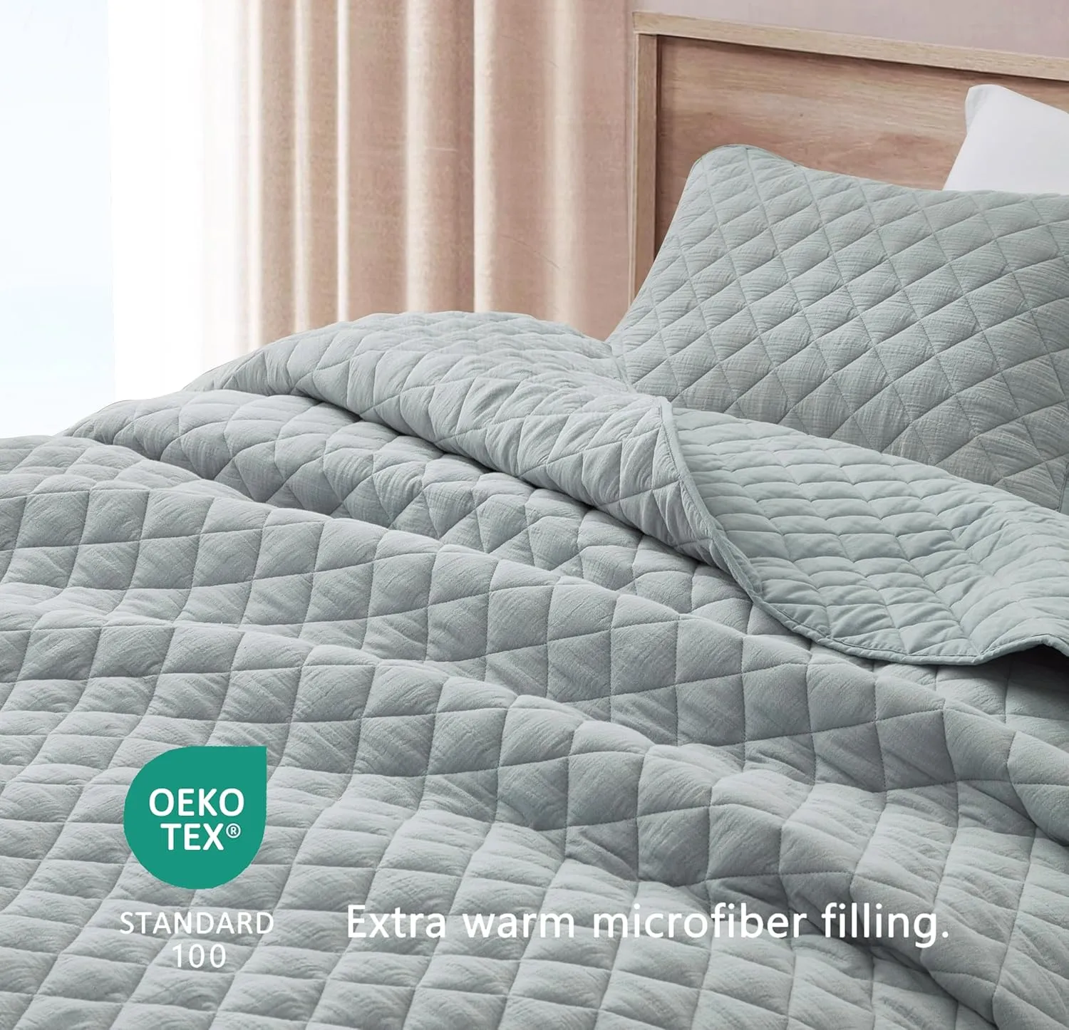Chezmoi Collection 3-Piece Cotton Gauze King Quilt Set, Light Blue-Gray Soft Washed Cotton Gauze Bedspread, Lightweight Breathable Reversible 180GSM Fill for All Season