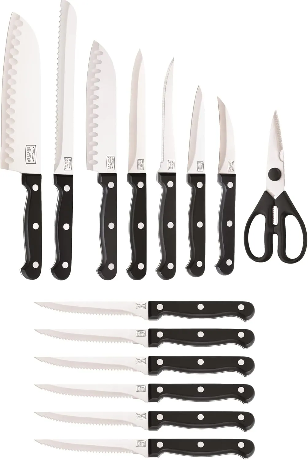 Chicago Cutlery Essentials (15-PC) Stainless Steel Kitchen Knife Block Set With Block, Sharp Stainless Steel Cutlerly Chef Knives Set & Scissors Shears