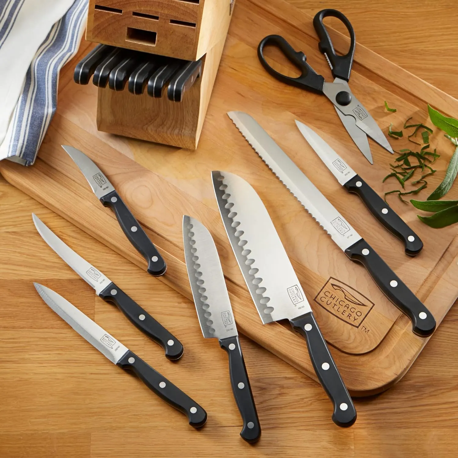 Chicago Cutlery Essentials (15-PC) Stainless Steel Kitchen Knife Block Set With Block, Sharp Stainless Steel Cutlerly Chef Knives Set & Scissors Shears