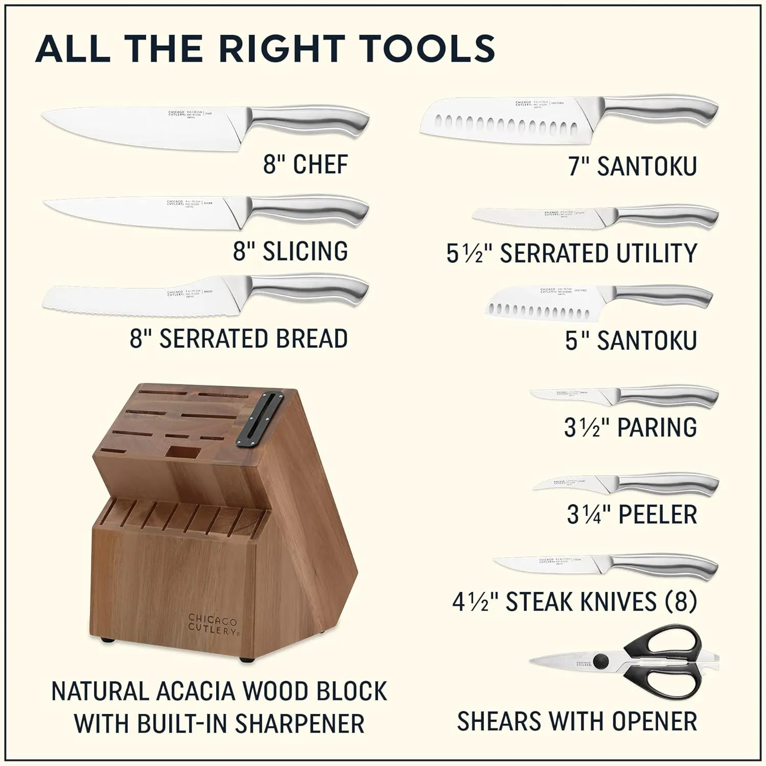 Chicago Cutlery Insignia Steel (18-PC) Kitchen Knife Block Set & Built-In Sharpener, Contoured Ergonomic Handles and Sharp Stainless Steel Professional Chef Knife Set & Scissors With Bottle Opener