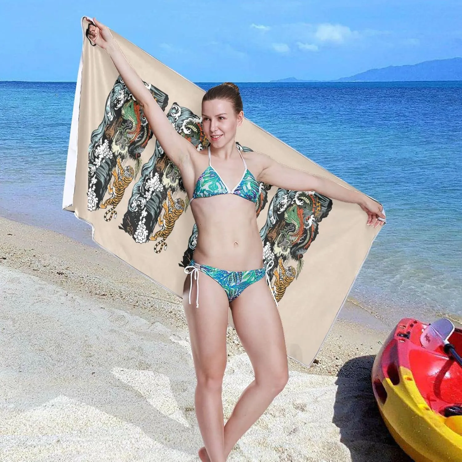 Chinese East Asian Dragon VS Tiger Scene with Waterfall and Water Waves Quick Drying Beach Towel, Foldable Yoga Towel, Soft Sport Towel, Sweat Absorbent Towel with Storage Mesh Bag 30 x 60 inch (S)