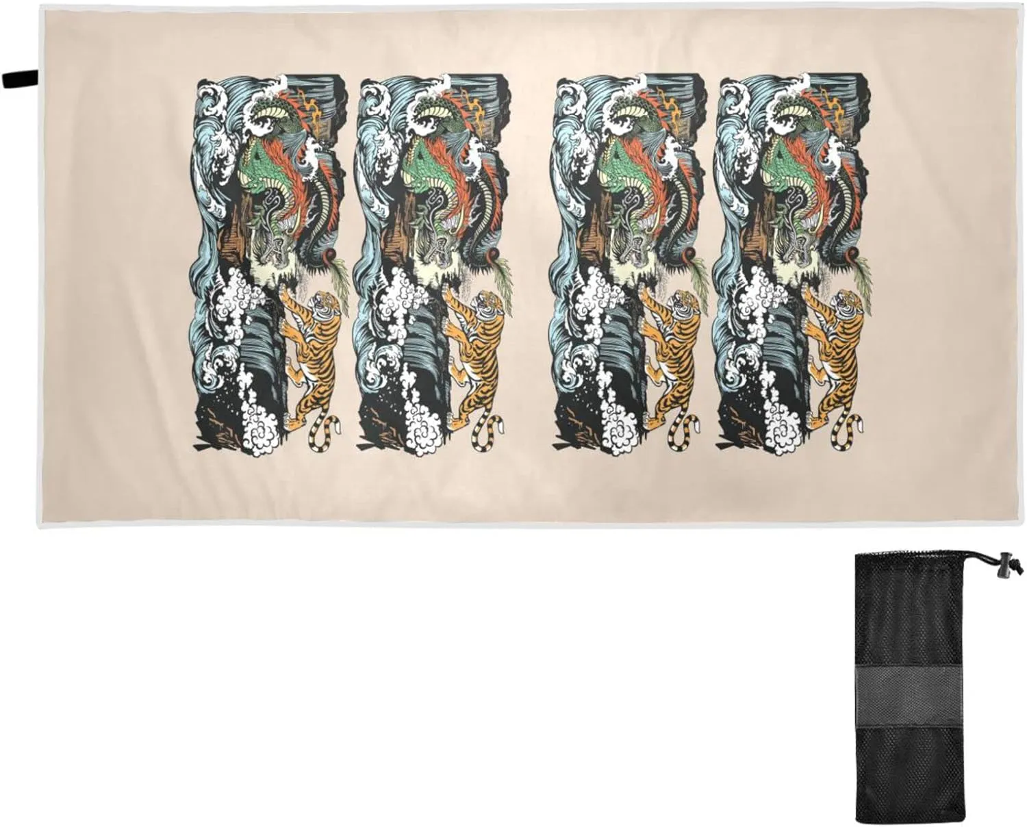 Chinese East Asian Dragon VS Tiger Scene with Waterfall and Water Waves Quick Drying Beach Towel, Foldable Yoga Towel, Soft Sport Towel, Sweat Absorbent Towel with Storage Mesh Bag 30 x 60 inch (S)