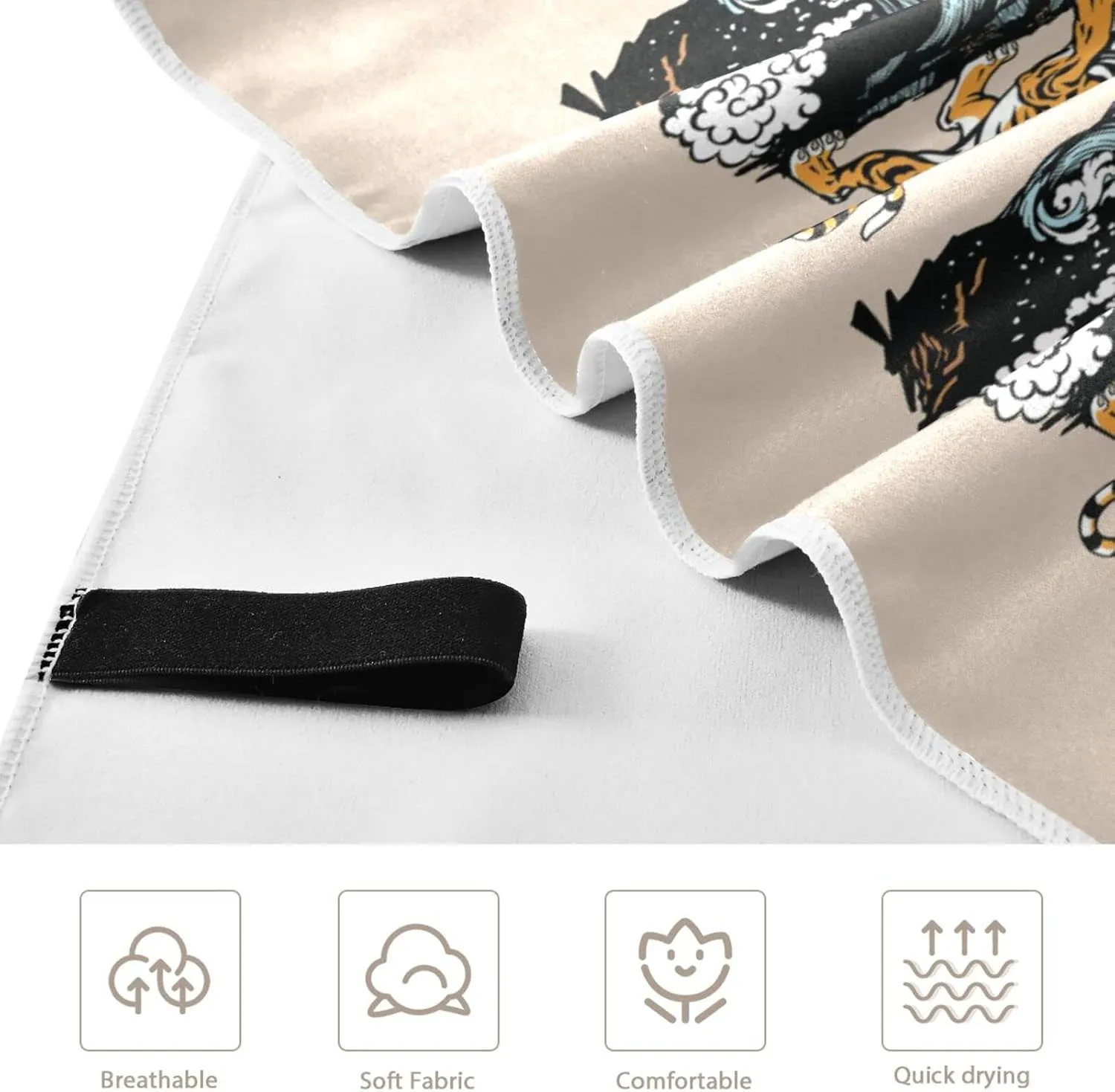 Chinese East Asian Dragon VS Tiger Scene with Waterfall and Water Waves Quick Drying Beach Towel, Foldable Yoga Towel, Soft Sport Towel, Sweat Absorbent Towel with Storage Mesh Bag 30 x 60 inch (S)