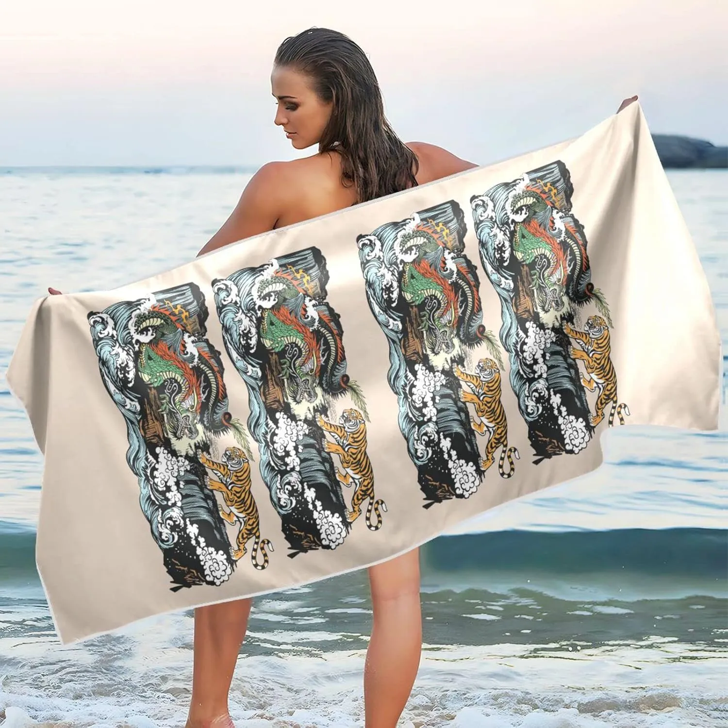 Chinese East Asian Dragon VS Tiger Scene with Waterfall and Water Waves Quick Drying Beach Towel, Foldable Yoga Towel, Soft Sport Towel, Sweat Absorbent Towel with Storage Mesh Bag 30 x 60 inch (S)