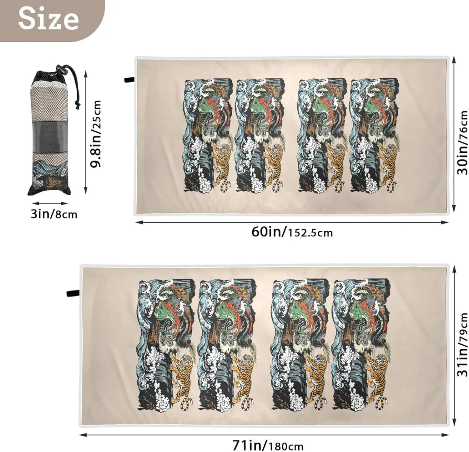 Chinese East Asian Dragon VS Tiger Scene with Waterfall and Water Waves Quick Drying Beach Towel, Foldable Yoga Towel, Soft Sport Towel, Sweat Absorbent Towel with Storage Mesh Bag 30 x 60 inch (S)