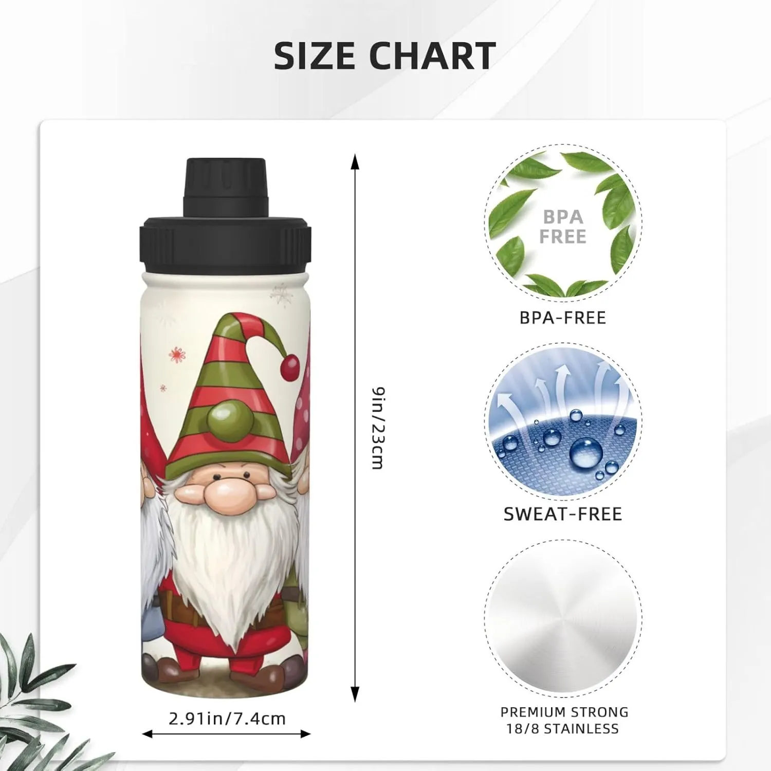 Christmas Gnomes 18 oz Stainless Steel Water Bottles Insulated Sports Water Bottle with Spout Lid, Snow Winter Double Wall Travel Water Flask for Men Women