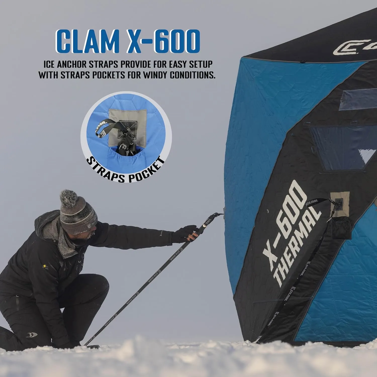 CLAM Portable Fishing Angler Thermal Hub Shelter Tent with Anchor Straps, Carrying Bag