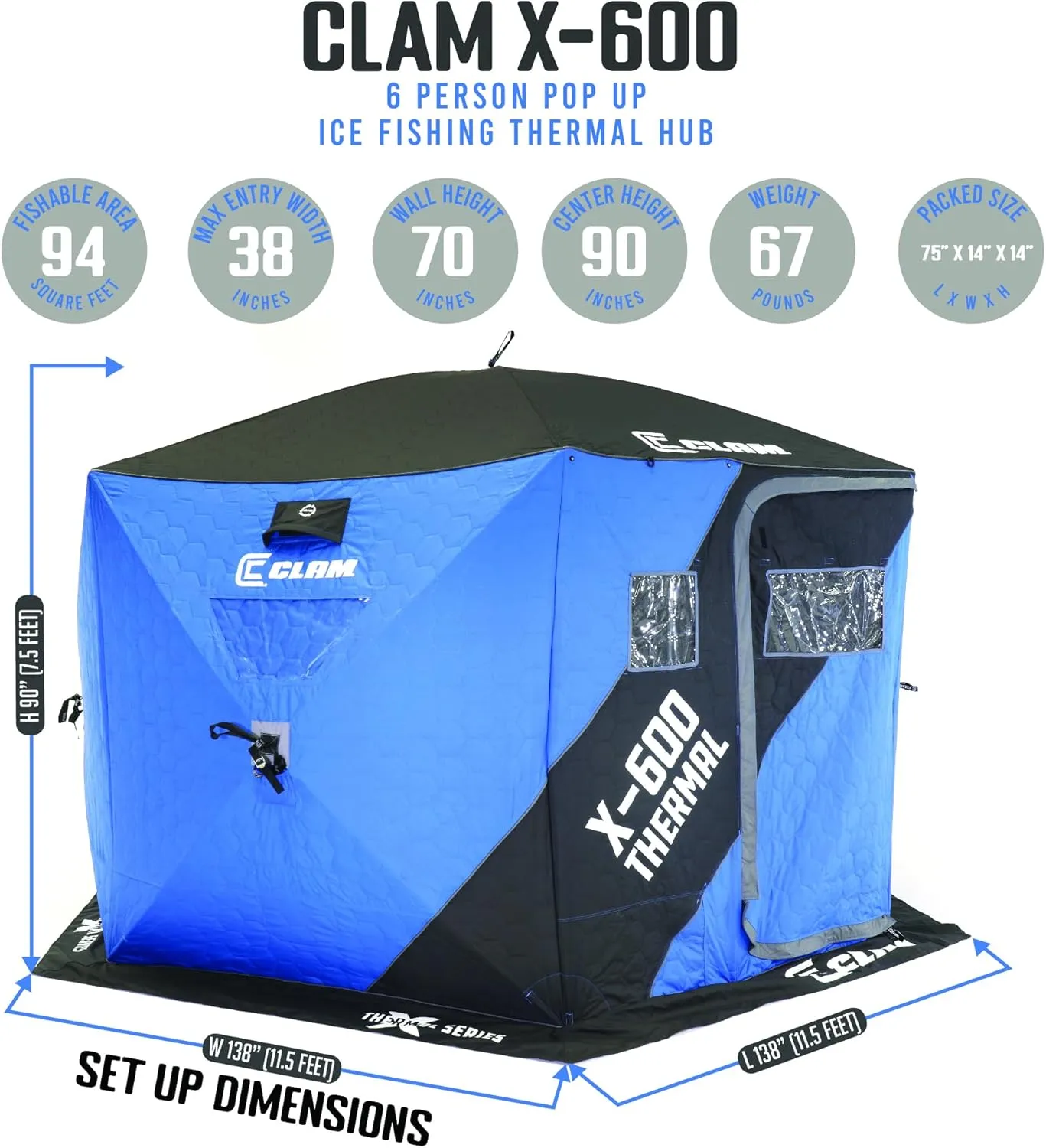 CLAM Portable Fishing Angler Thermal Hub Shelter Tent with Anchor Straps, Carrying Bag