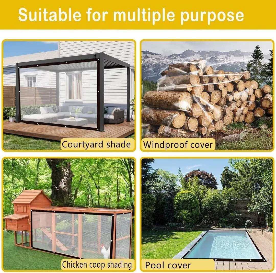 Clear Tarp with Grommets, 8x10ft Waterproof Tarp Transparent for Outdoors Anti-Tear for Covering Firewood Piles Patio Furniture Dog or Chicken Coops