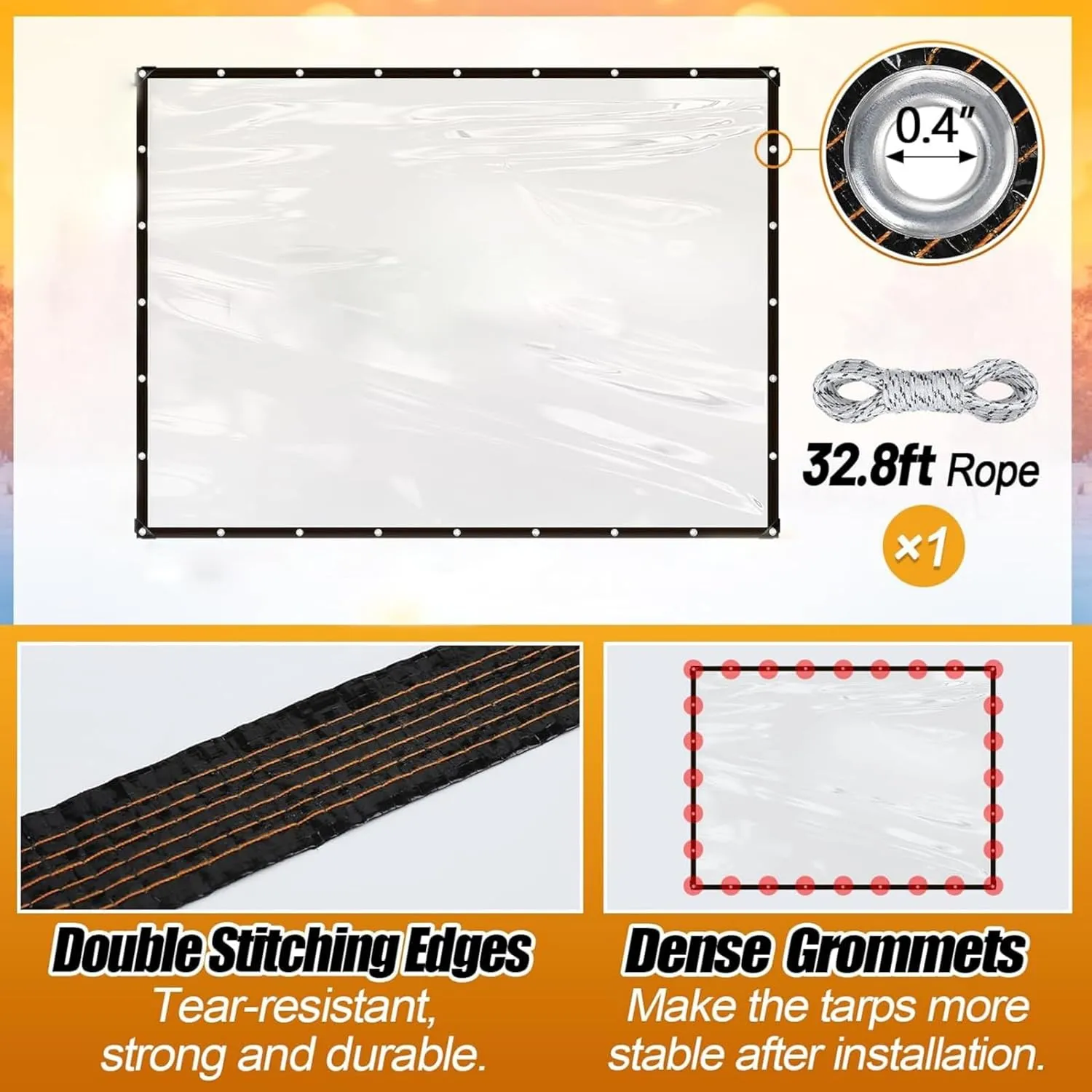 Clear Waterproof Tarps(Increase Grommets Windproof Rope) Poly Tarpaulin Outdoor Garden Rainproof Covering,Clear Vinyl Tarp with,for Covering Henhouse Porch Canopy Plant Patio (6.6 x 20 ft(2x6m))