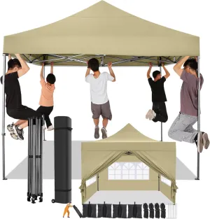 COBIZI 10x10 Pop Up Canopy Tent 10x10 Canopy with 4 Sidewalls Waterproof Heavy Duty Commercial Canopy Tent for Parties Outdoor Tent Garden Gazebo Tent, Carry Bag with Wheel(10x10ft, Khaki)