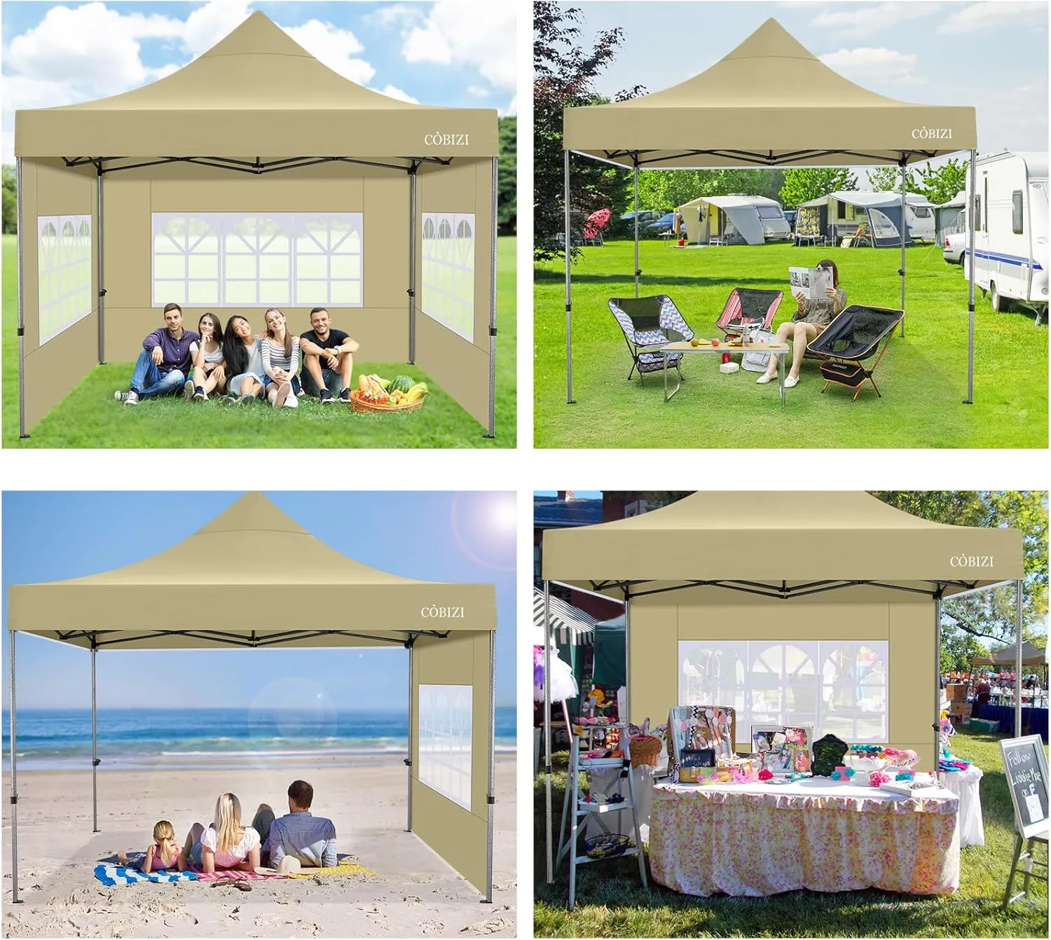 COBIZI 10x10 Pop Up Canopy Tent 10x10 Canopy with 4 Sidewalls Waterproof Heavy Duty Commercial Canopy Tent for Parties Outdoor Tent Garden Gazebo Tent, Carry Bag with Wheel(10x10ft, Khaki)