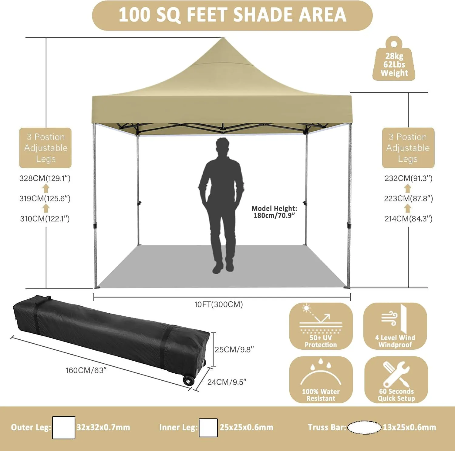 COBIZI 10x10 Pop Up Canopy Tent 10x10 Canopy with 4 Sidewalls Waterproof Heavy Duty Commercial Canopy Tent for Parties Outdoor Tent Garden Gazebo Tent, Carry Bag with Wheel(10x10ft, Khaki)