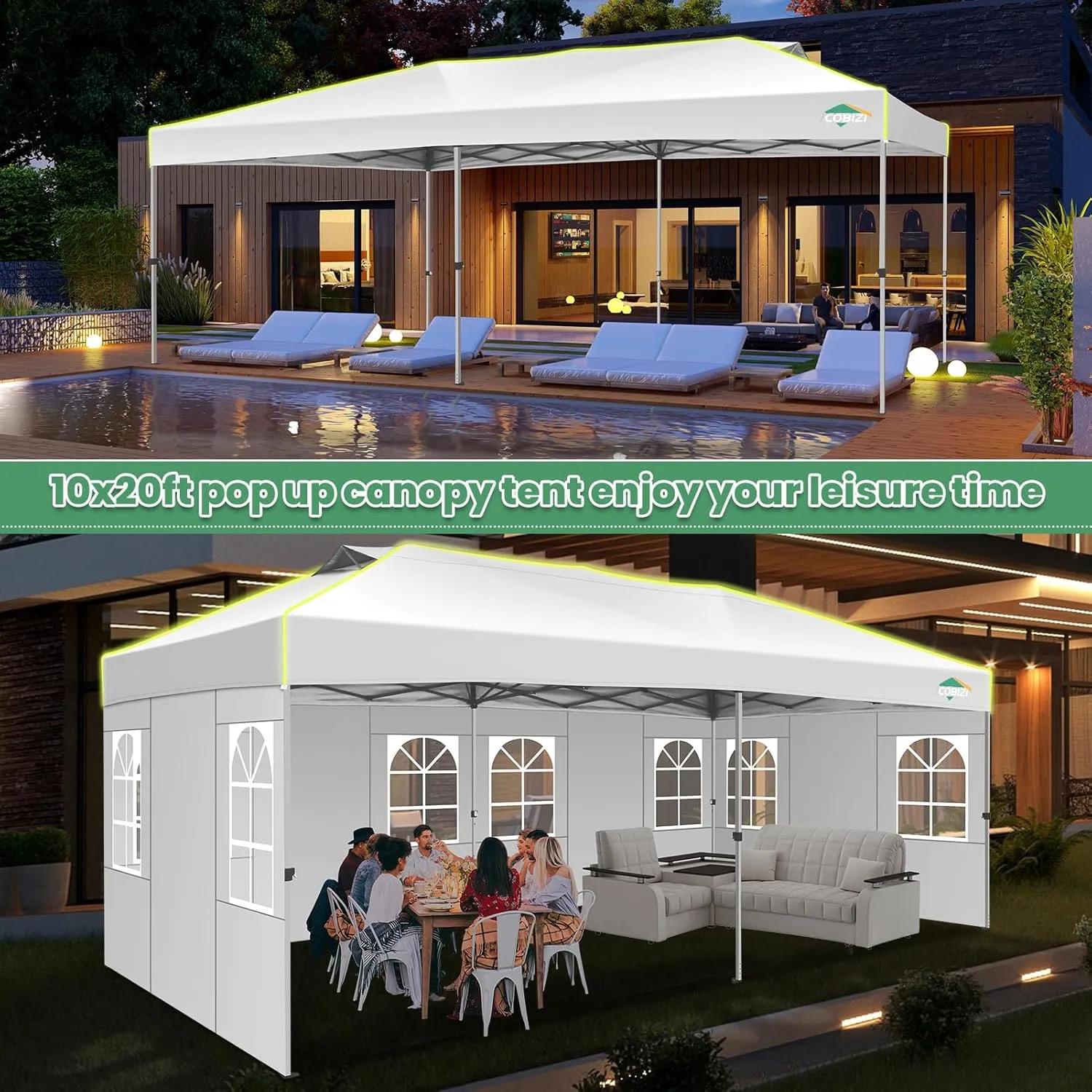 COBIZI 10x20 Pop Up Canopy Tent with 6 Removable Sidewalls, One Push Party Tent Outdoor Waterproof Event Canopy with Air Vent for Parties Commercial Wedding, 3 Height, Carry Bag, Sandbag, White