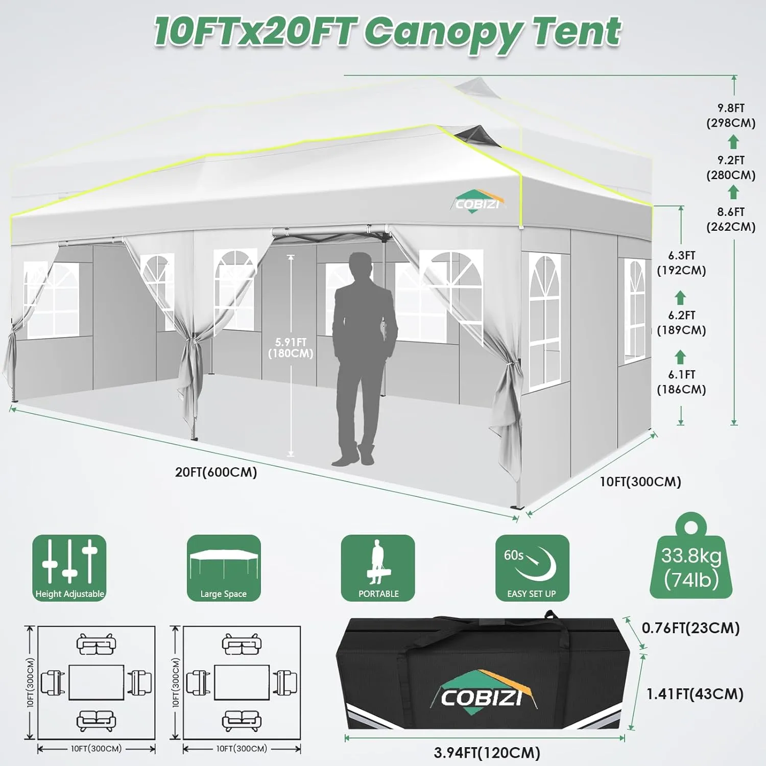 COBIZI 10x20 Pop Up Canopy Tent with 6 Removable Sidewalls, One Push Party Tent Outdoor Waterproof Event Canopy with Air Vent for Parties Commercial Wedding, 3 Height, Carry Bag, Sandbag, White