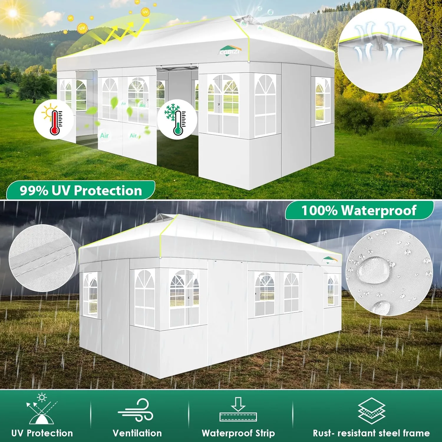 COBIZI 10x20 Pop Up Canopy Tent with 6 Removable Sidewalls, One Push Party Tent Outdoor Waterproof Event Canopy with Air Vent for Parties Commercial Wedding, 3 Height, Carry Bag, Sandbag, White