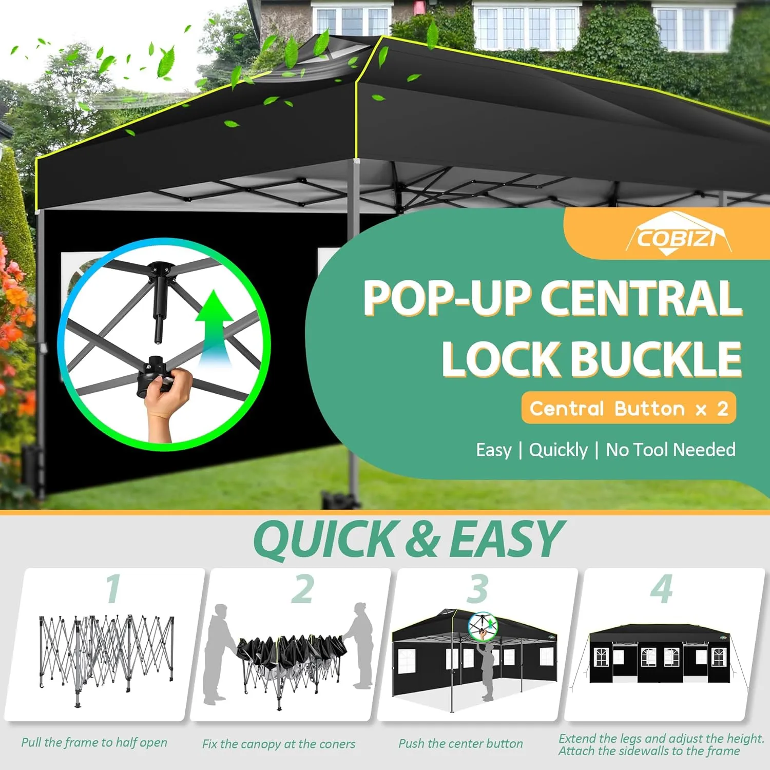 COBIZI 10x20 Pop Up Canopy with 6 Sidewalls One Push Setup Outdoor Event Shelter Waterproof UPF 50  Gazebo Tent with Carry Bag,Air Vent,Sandbag for Wedding, Commercial, Party,Black