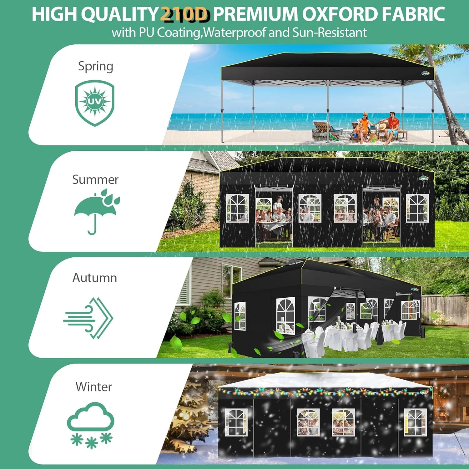 COBIZI 10x20 Pop Up Canopy with 6 Sidewalls One Push Setup Outdoor Event Shelter Waterproof UPF 50  Gazebo Tent with Carry Bag,Air Vent,Sandbag for Wedding, Commercial, Party,Black
