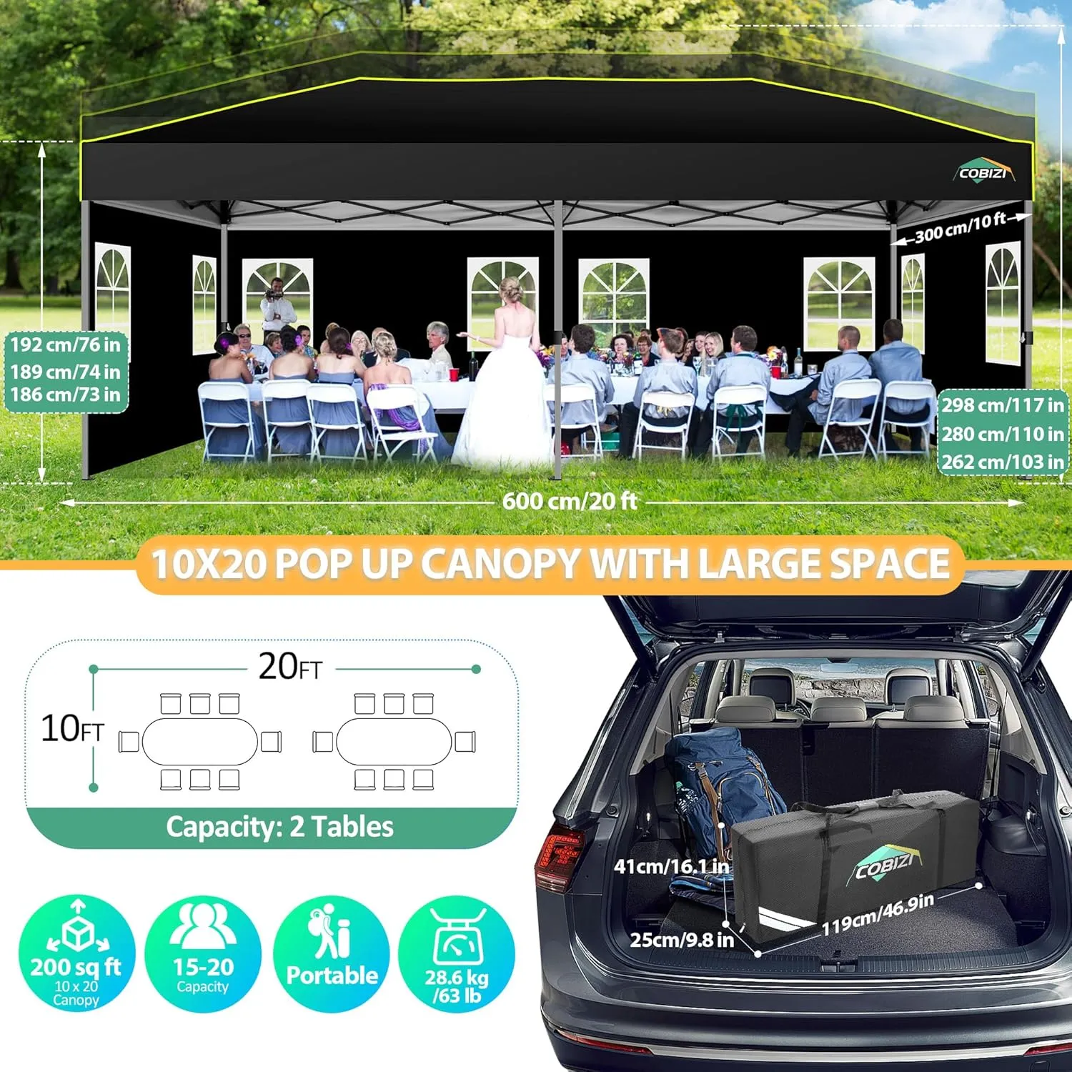 COBIZI 10x20 Pop Up Canopy with 6 Sidewalls One Push Setup Outdoor Event Shelter Waterproof UPF 50  Gazebo Tent with Carry Bag,Air Vent,Sandbag for Wedding, Commercial, Party,Black
