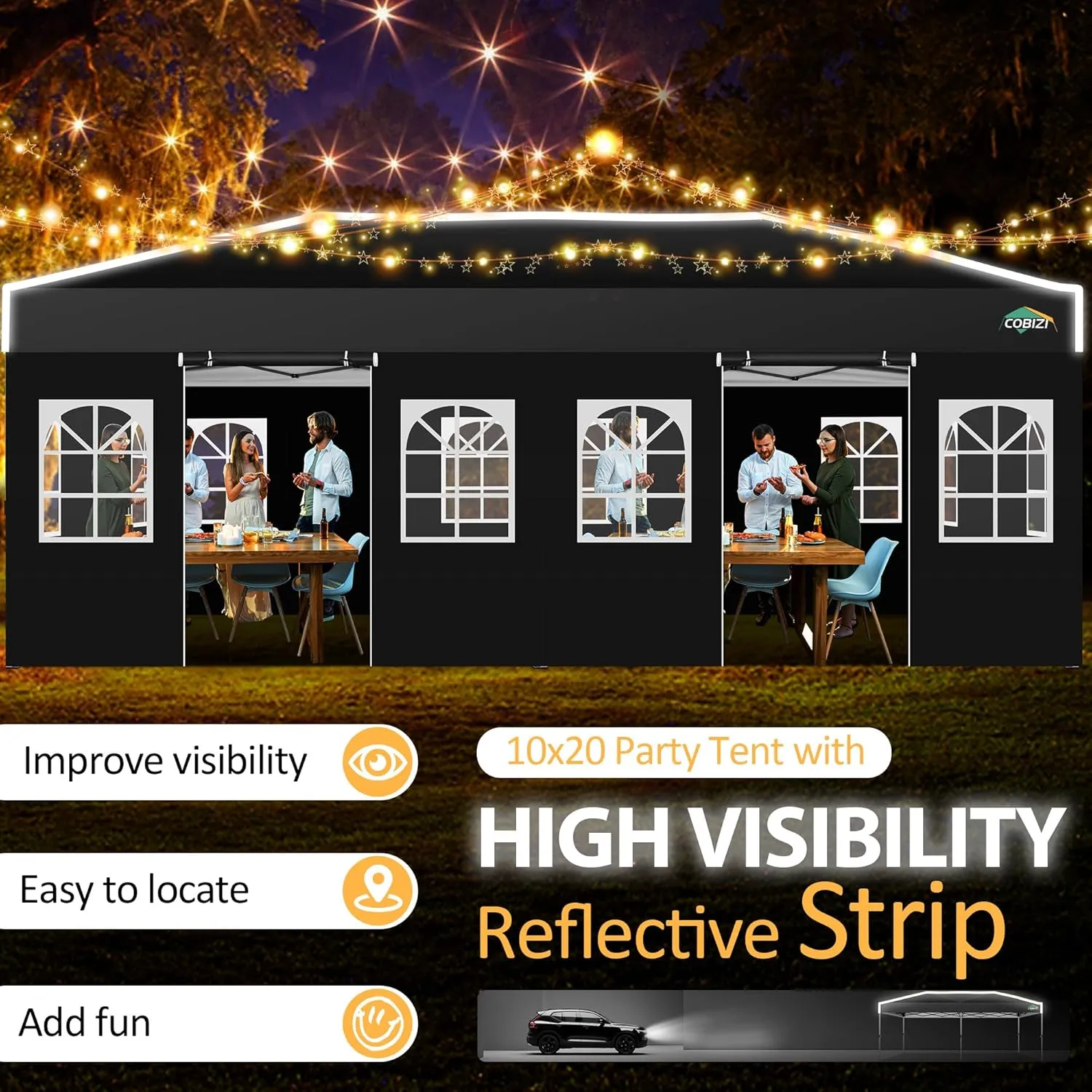 COBIZI 10x20 Pop Up Canopy with 6 Sidewalls One Push Setup Outdoor Event Shelter Waterproof UPF 50  Gazebo Tent with Carry Bag,Air Vent,Sandbag for Wedding, Commercial, Party,Black